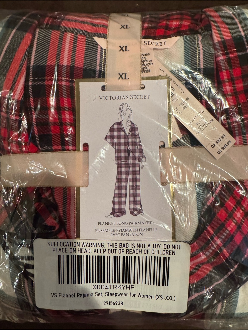 Victoria's Secret Red and Black Plaid Flannel Pajama Set - XL